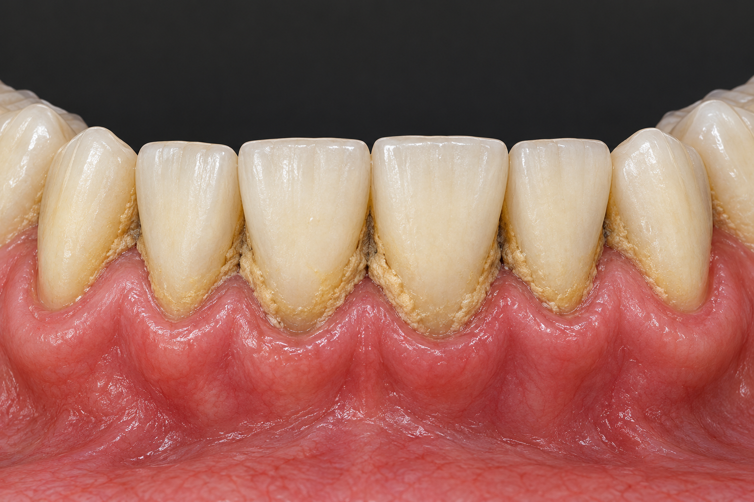 AI-generated dental illustration showing yellow tartar deposits around the lower front teeth at the gumline.