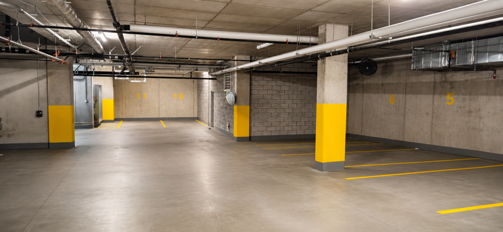 Underground parking garage at Jade Apartments